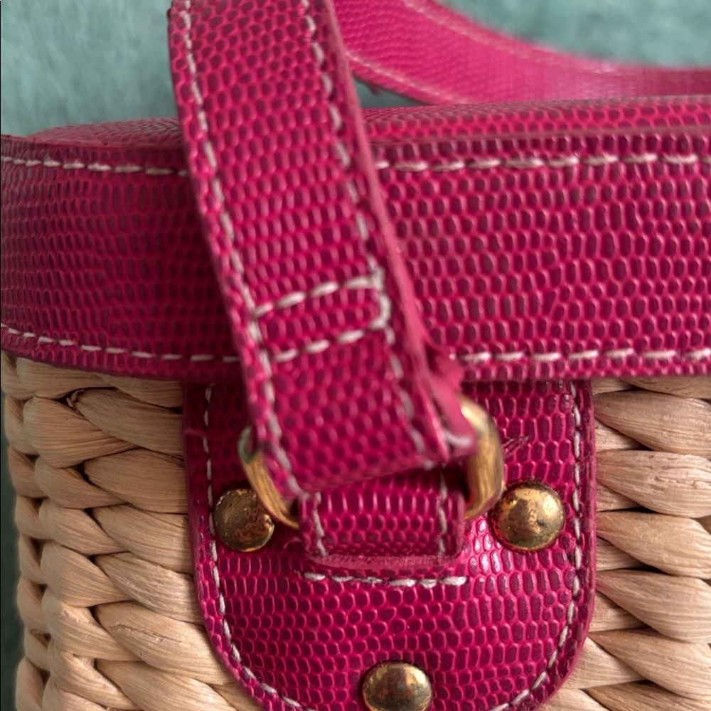 Vintage Vegetable Fiber Woven Basket Purse Top Handle Bag Pink Tan mirror - Picture 14 of 14